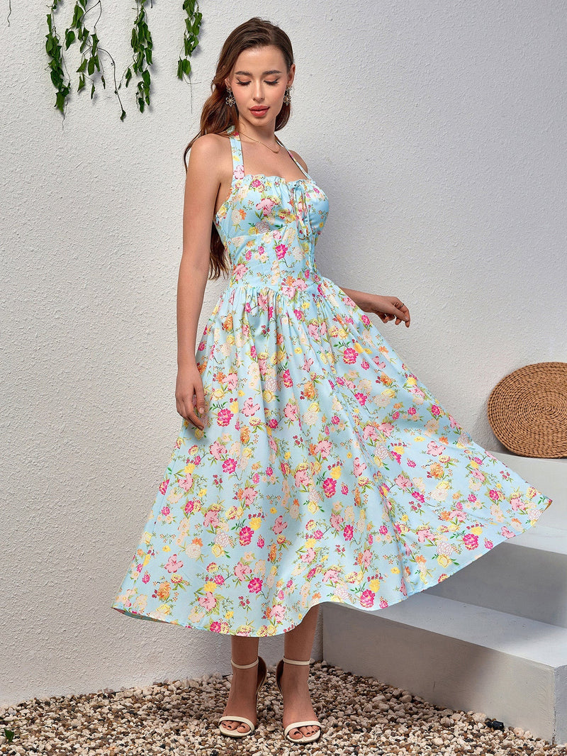 Halter Tie Smocking Print Bodycon Dress