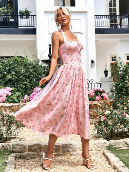 Halter Tie Smocking Print Bodycon Dress