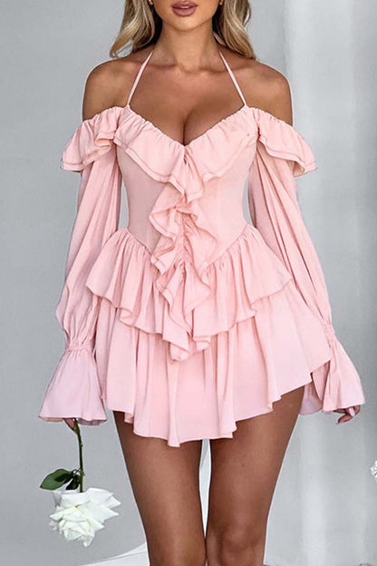 Halter Off-the-shoulder Ruffled Mini Dress