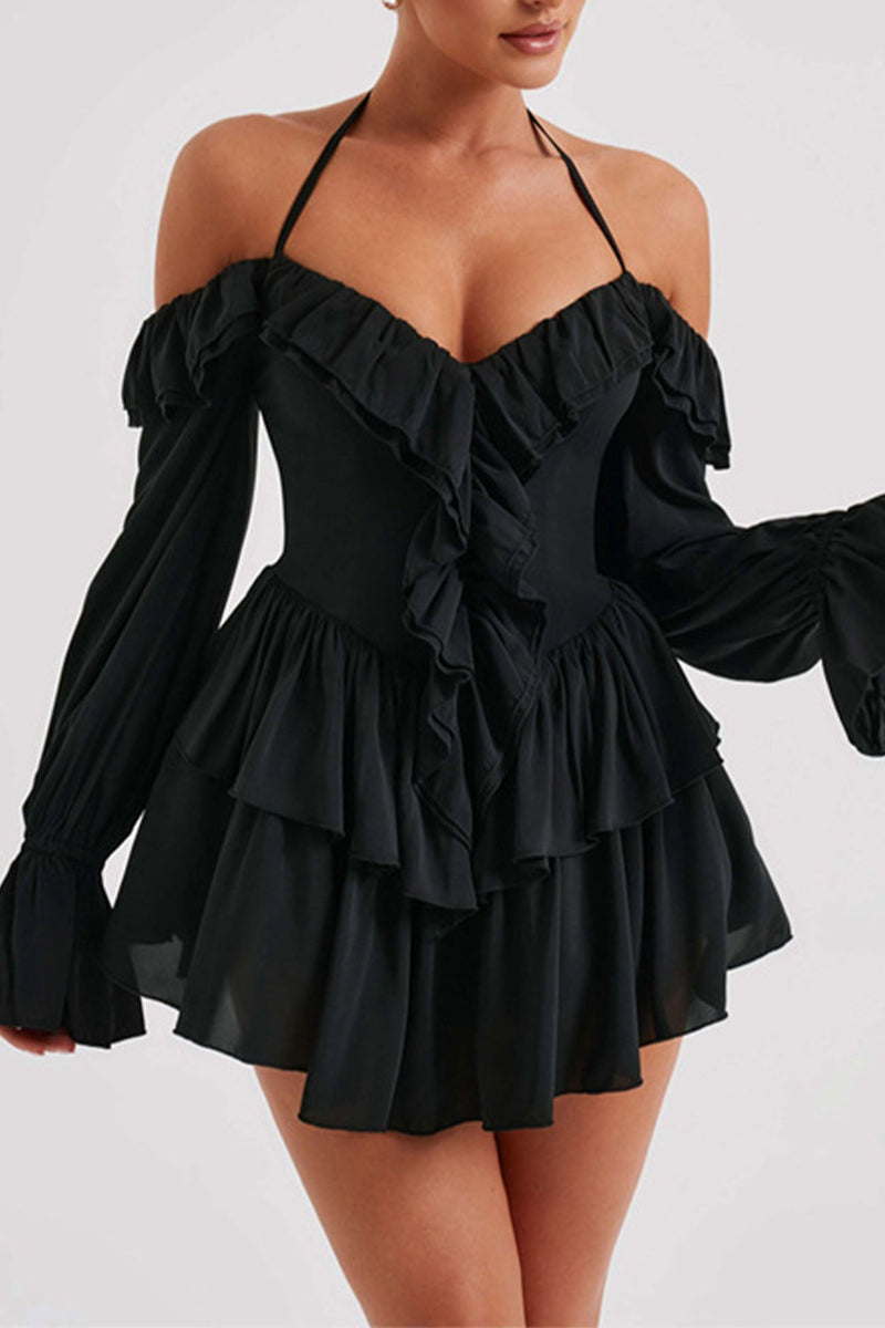 Halter Off-the-shoulder Ruffled Mini Dress