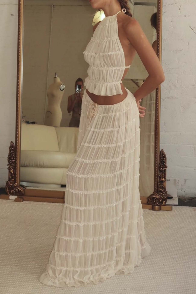 Halterneck Backless Pleated Tiered Skirt Two-piece Set
