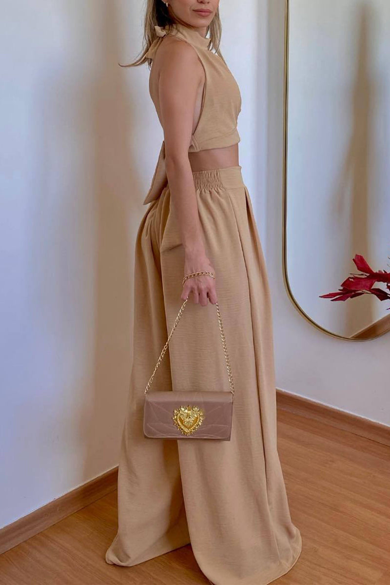 Halterneck Backless Tie Crop Top Wide Leg Pants Set