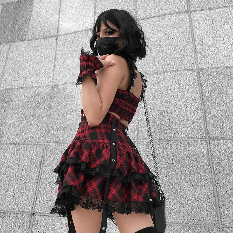 Harajuku Plaid Gothic Girl High Waist Plaided Lolita Mini Sets Japanese Skirt