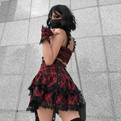 Harajuku Plaid Gothic Girl High Waist Plaided Lolita Mini Sets Japanese Skirt