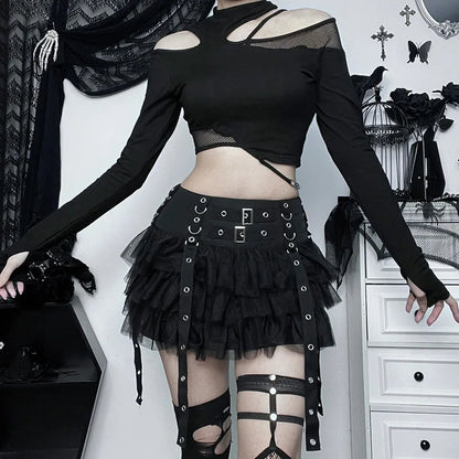 Harajuku Gothic Dark Cybery2k E-girl Hip Hop Eyelet Ribbons Mesh Patchwork Cake Skirt