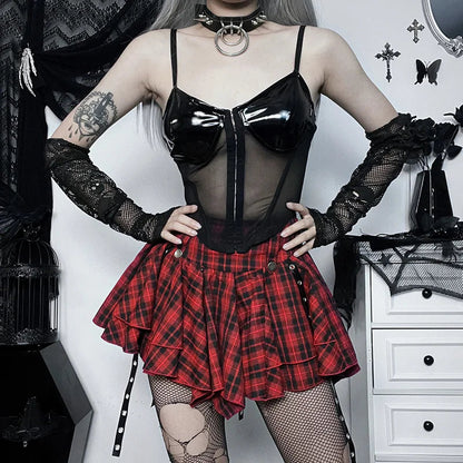 Harajuku Y2k Goth Plaid Cyber High Waist Eyelet Ribbon Red Emo Alt Grunge Skirt