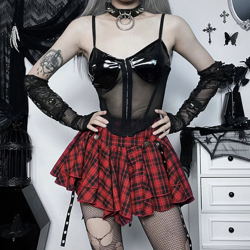 Harajuku Y2k Goth Plaid Cyber High Waist Eyelet Ribbon Red Emo Alt Grunge Skirt