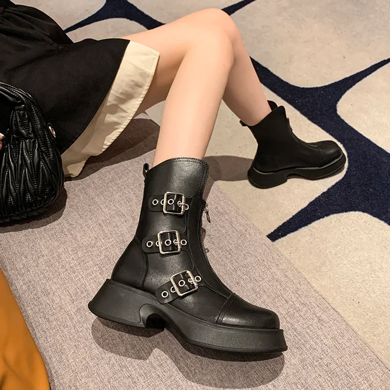 Autumn Metal Belt Buckle Design Punk Waterproof Anti Slip Ankle Boot
