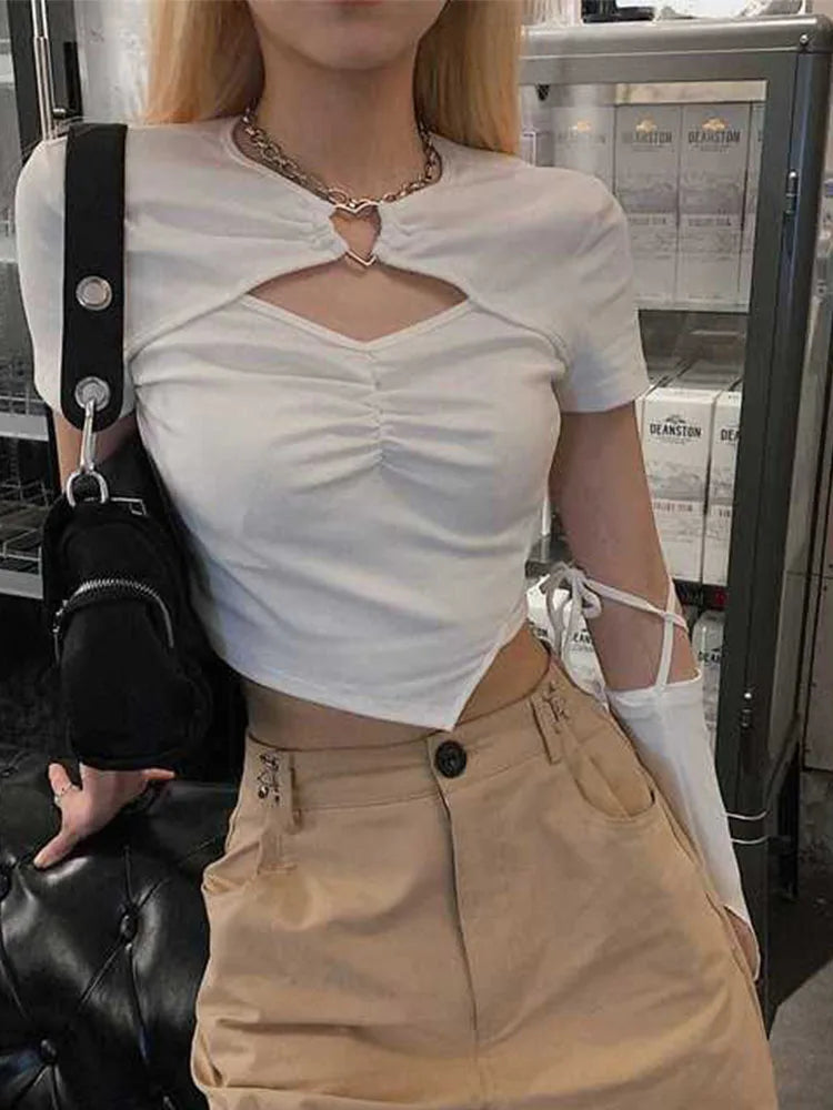 High Street Short Sleeve T-shirt Harajuku Summer Hollow Out Slim Design Ins Korean Style Above Navel Cropped Top All-match