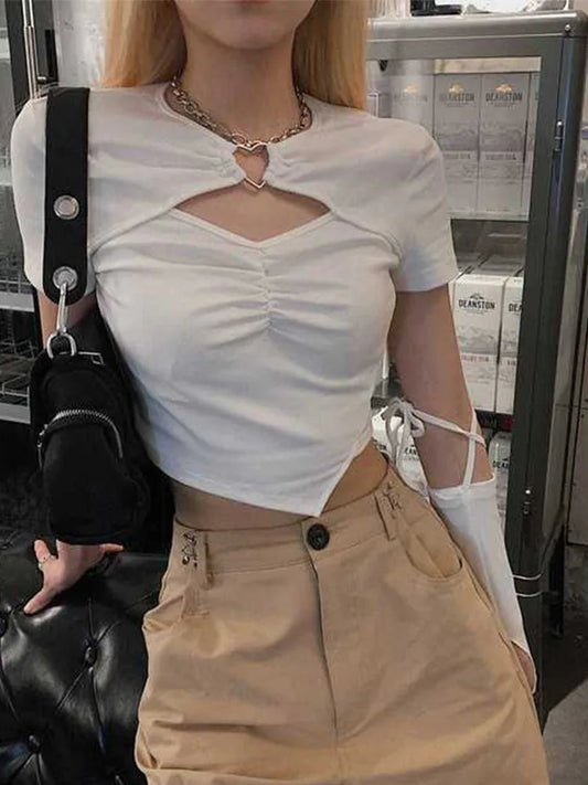 High Street Short Sleeve T-shirt Harajuku Summer Hollow Out Slim Design Ins Korean Style Above Navel Cropped Top All-match