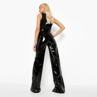 High Waist Faux Latex Wide Leg Stretch Loose Hem Split Office Clubwear Pants