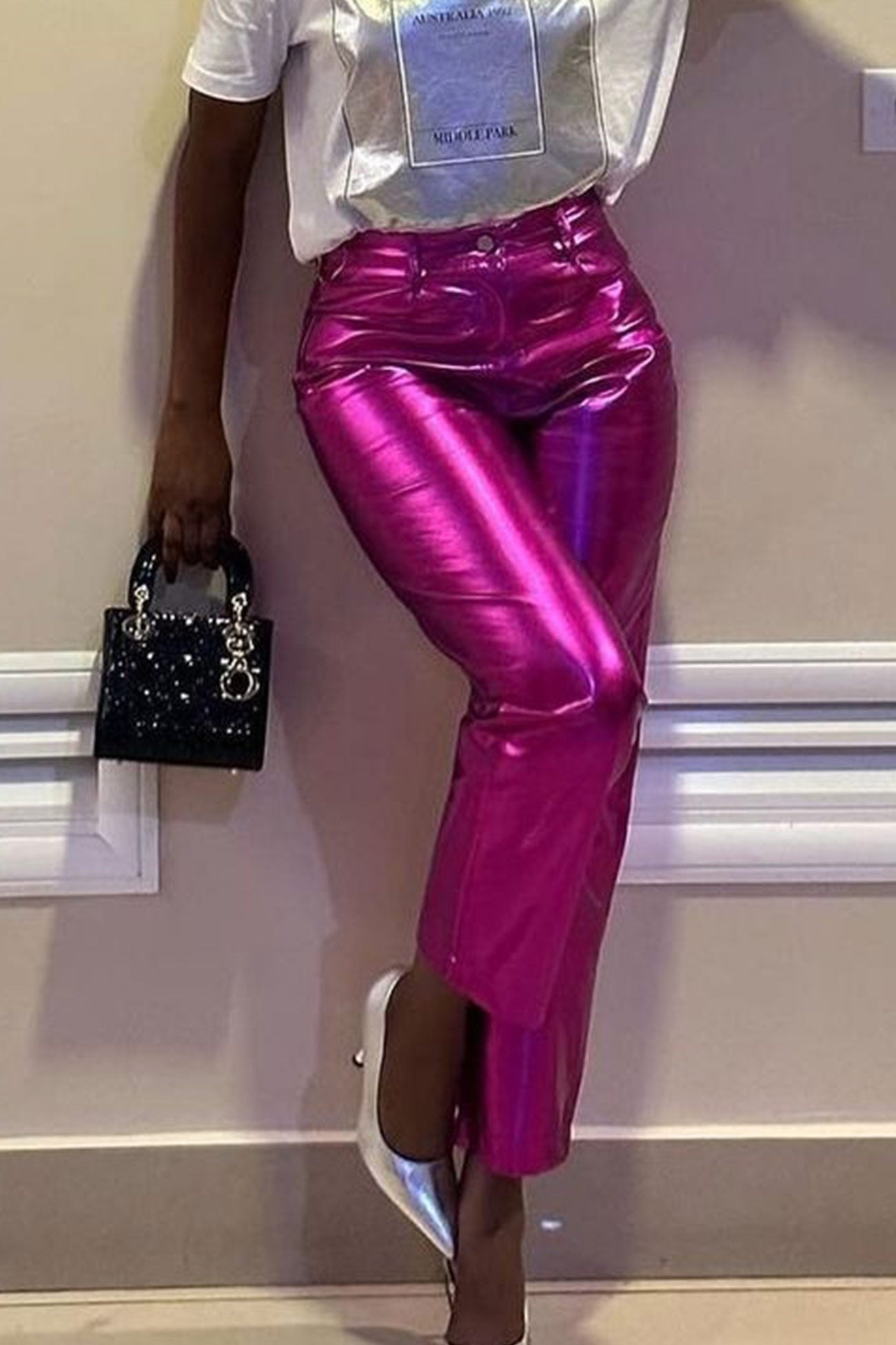 High Waist Glossy Pu Leather Long Pants