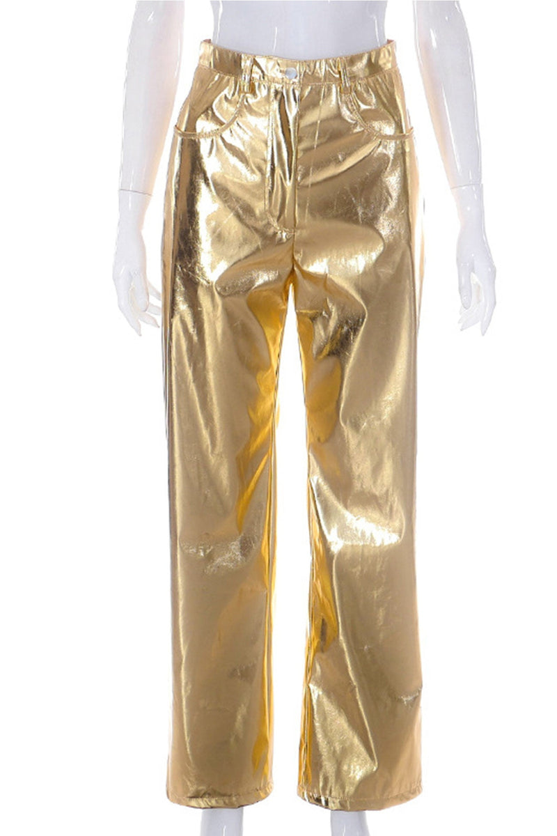 High Waist Glossy Pu Leather Long Pants
