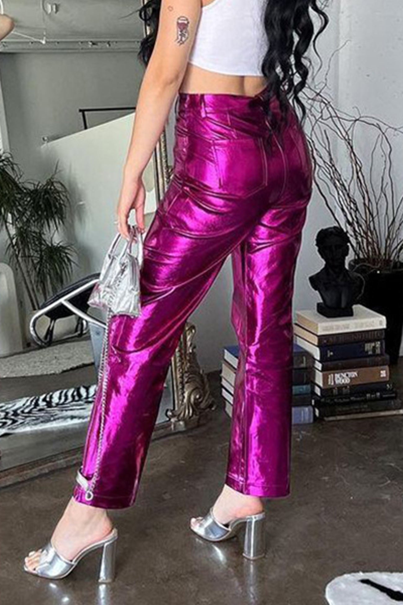 High Waist Glossy Pu Leather Long Pants
