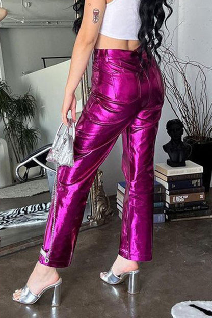 High Waist Glossy Pu Leather Long Pants