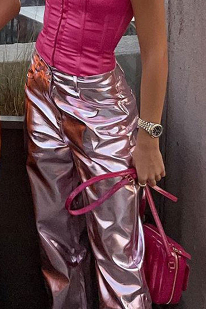 High Waist Glossy Pu Leather Long Pants