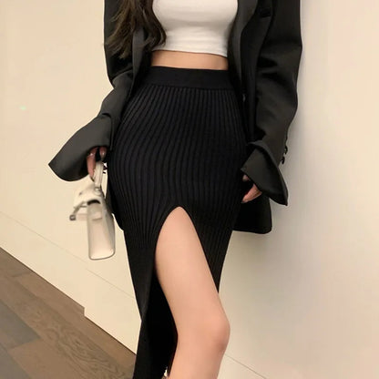 High Waist Knitted Elastic Temperament Thin Split Slim Skirt