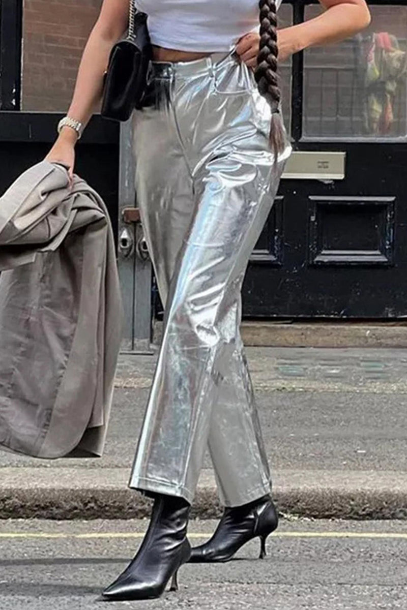 High Waist Reflective Pu Leather Pants