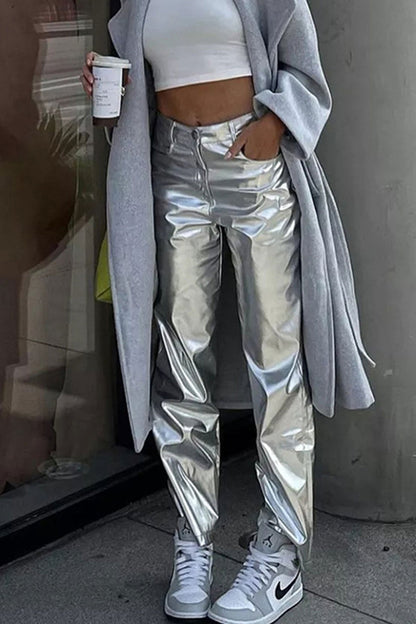 High Waist Reflective Pu Leather Pants
