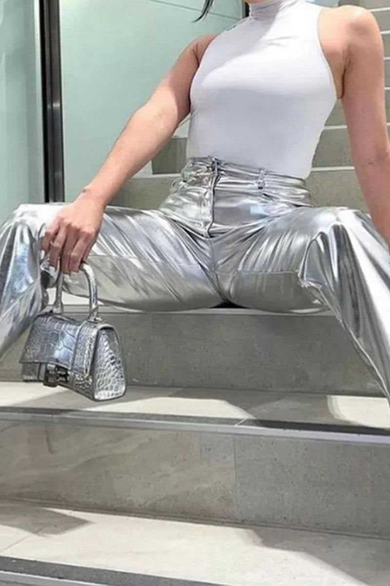 High Waist Reflective Pu Leather Pants