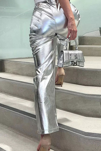 High Waist Reflective Pu Leather Pants