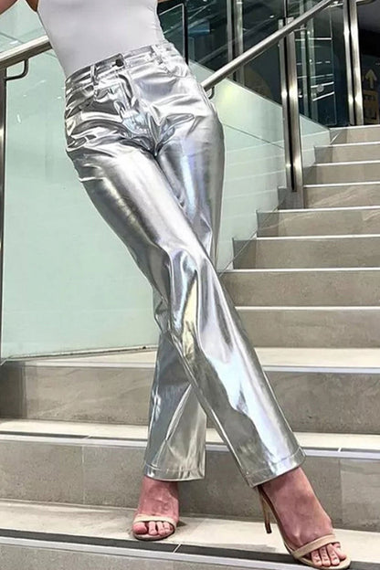 High Waist Reflective Pu Leather Pants