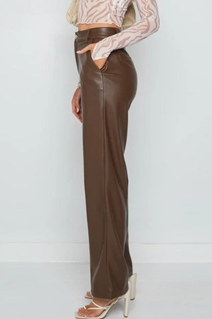 High Waist Wide Leg Leather Pants