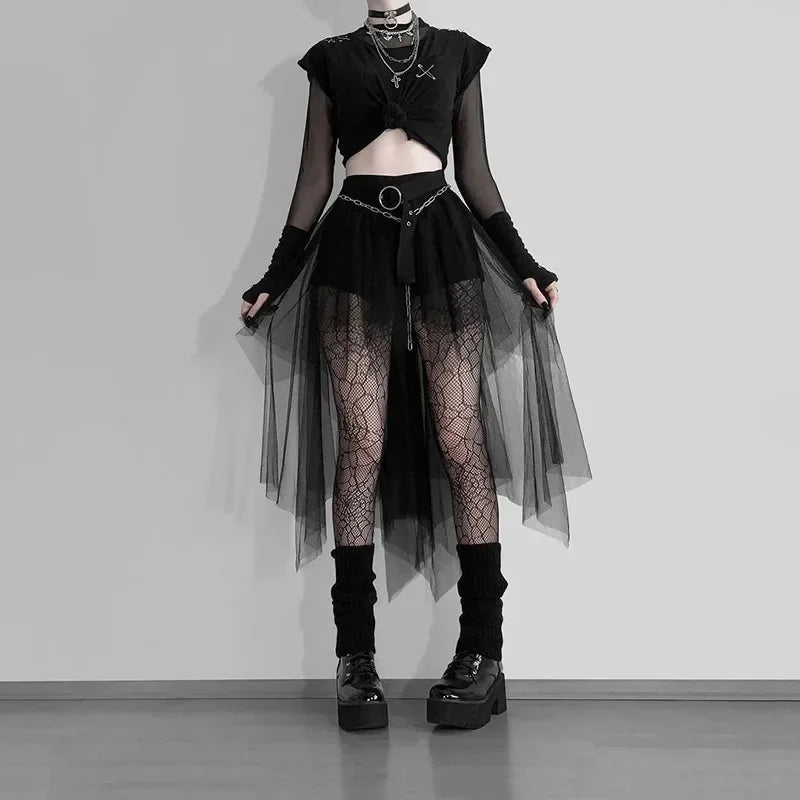 High Waisted Irregular Net Yarn Summer Gothic Clothes Skirt