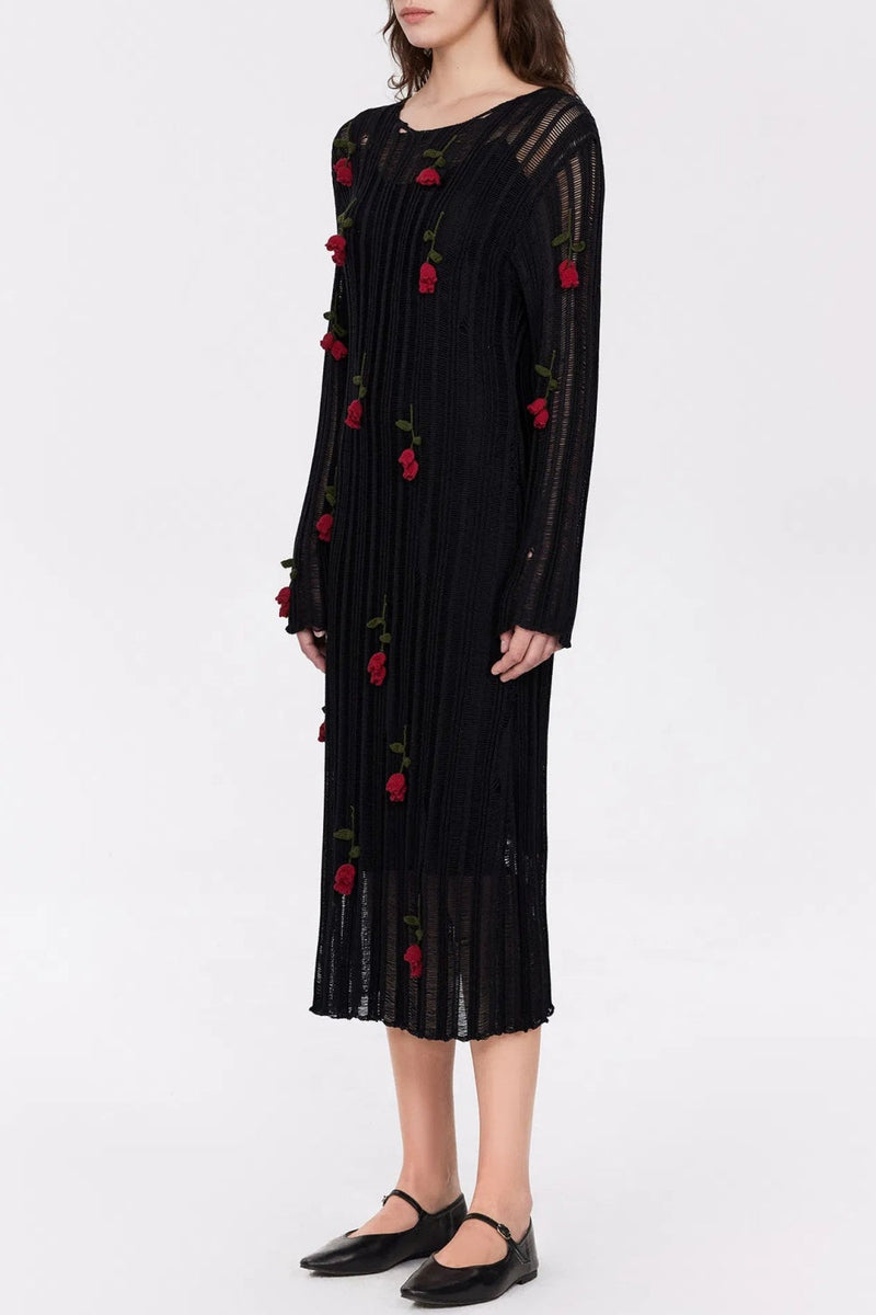 Hilaria Rose Handcrafted Knit Midi Dress - Black
