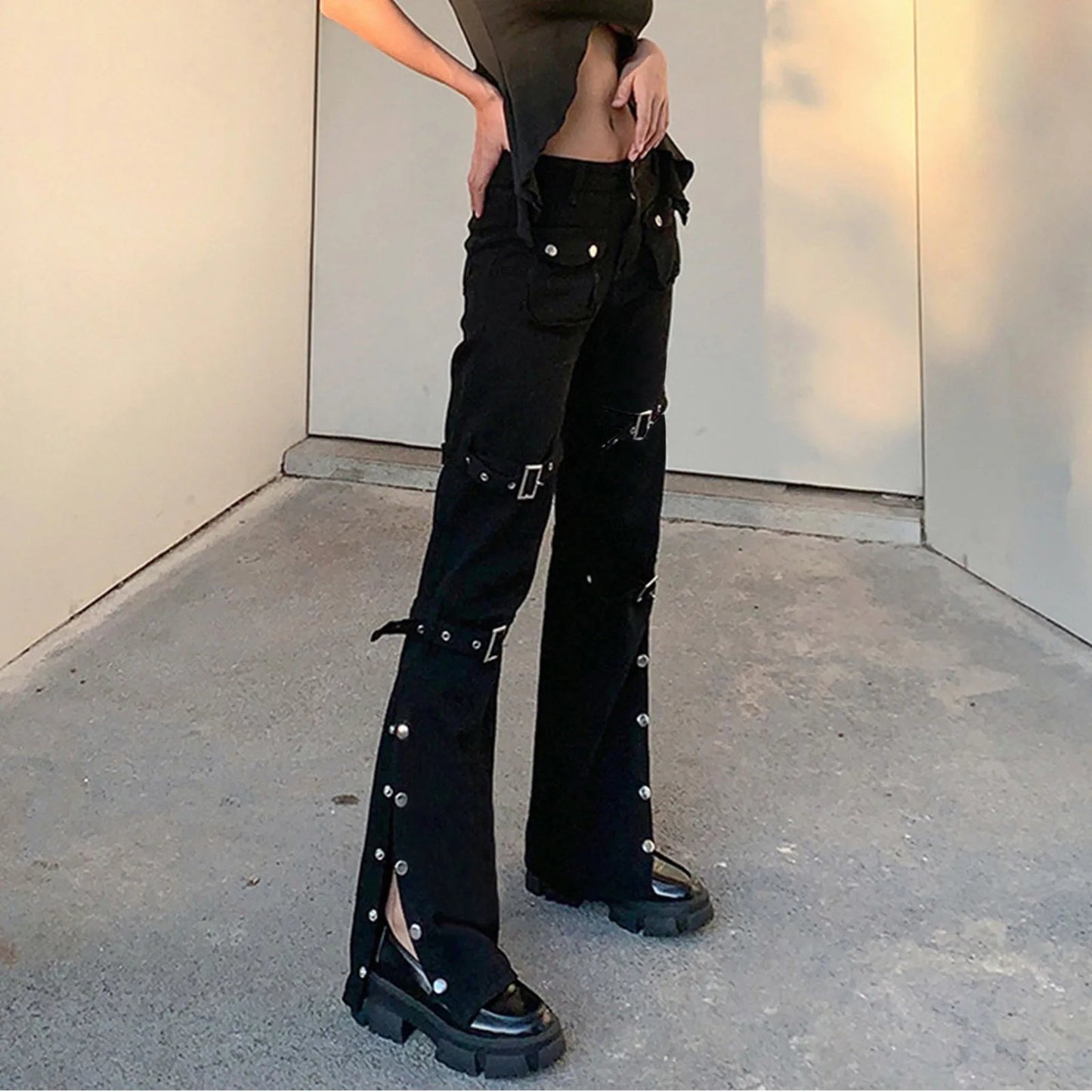 Hippie Cool Straight Punk Metal Buckle Side Split Black Belted Pants