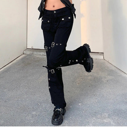 Hippie Cool Straight Punk Metal Buckle Side Split Black Belted Pants