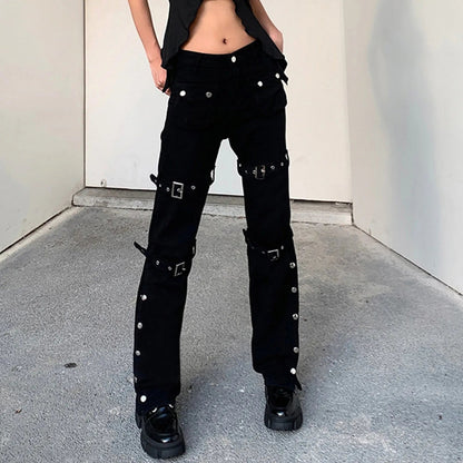 Hippie Cool Straight Punk Metal Buckle Side Split Black Belted Pants