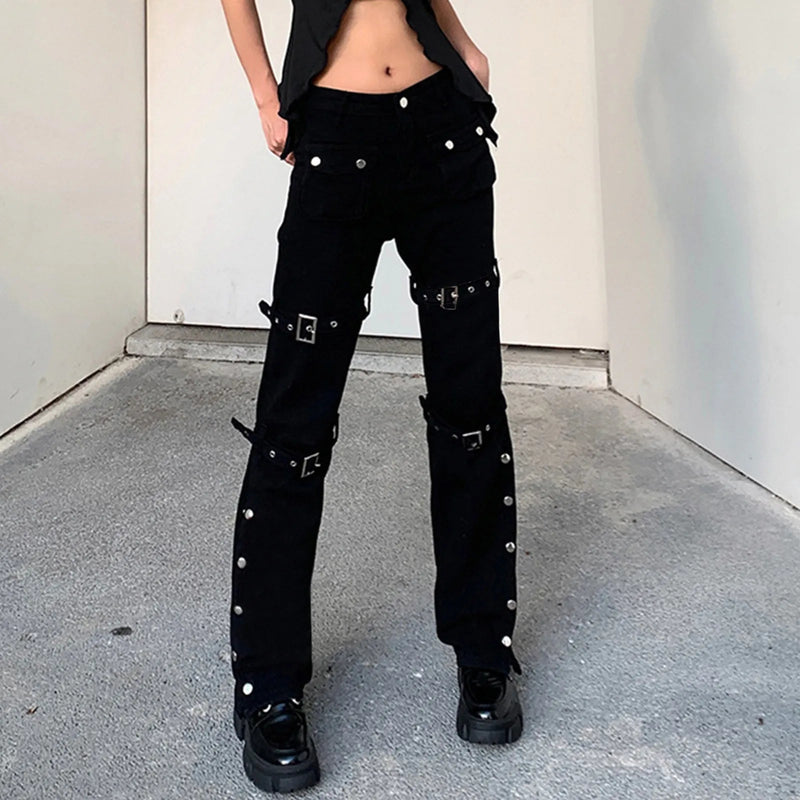 Hippie Cool Straight Punk Metal Buckle Side Split Black Belted Pants