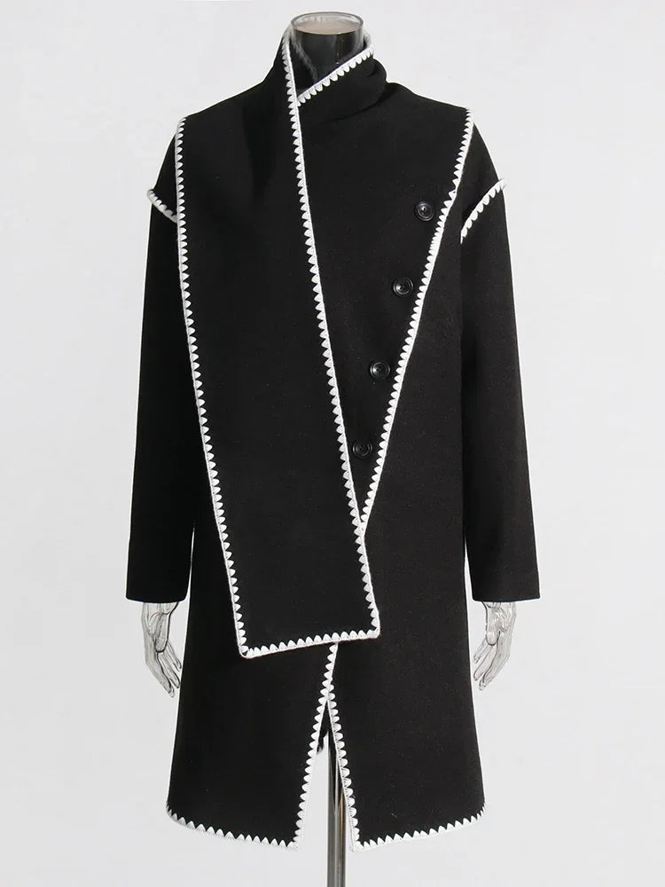 Hit Irregular Black Stand Long Spliced Single Trench Coat