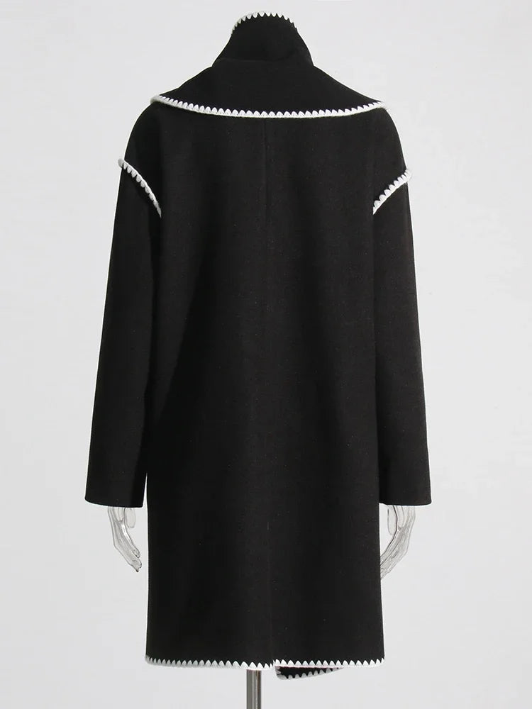 Hit Irregular Black Stand Long Spliced Single Trench Coat