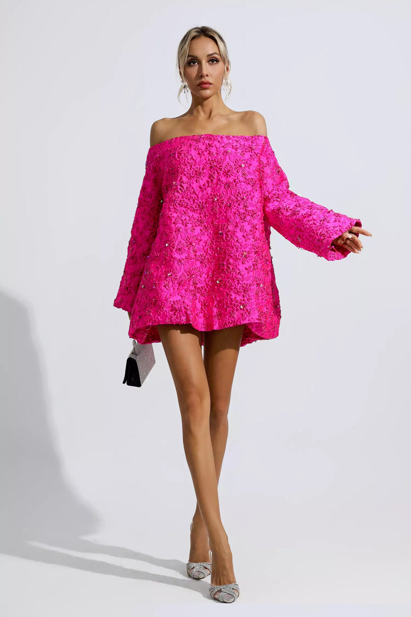 Holly Pink Off Shoulder Jacquard Mini Dress
