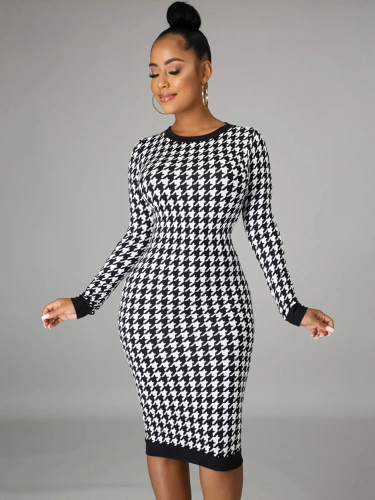 Houndstooth Long Sleeve Hollow Out Bodycon Autumn Winter Club Slim Midi Dresses