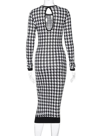 Houndstooth Long Sleeve Hollow Out Bodycon Autumn Winter Club Slim Midi Dresses
