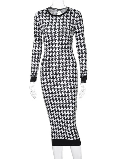 Houndstooth Long Sleeve Hollow Out Bodycon Autumn Winter Club Slim Midi Dresses