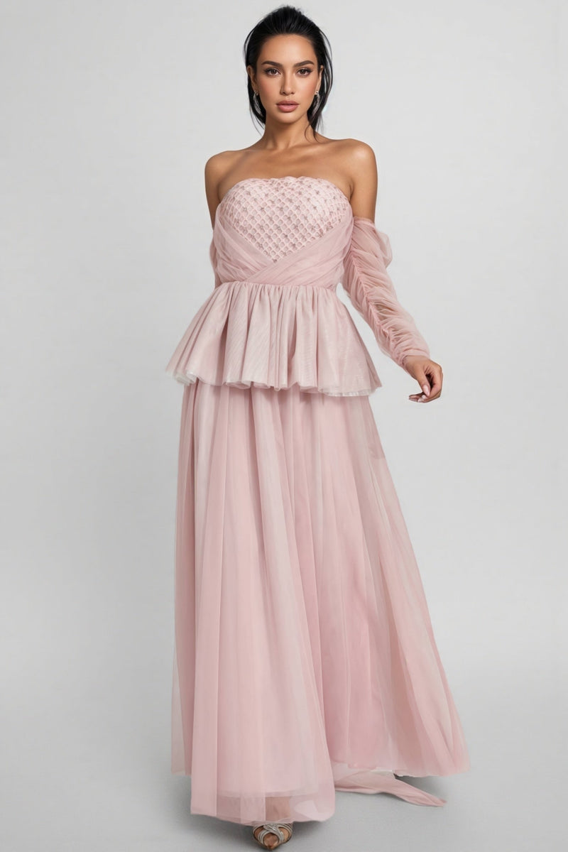 Xedand Pink Mesh Off Shoulder Maxi Dress