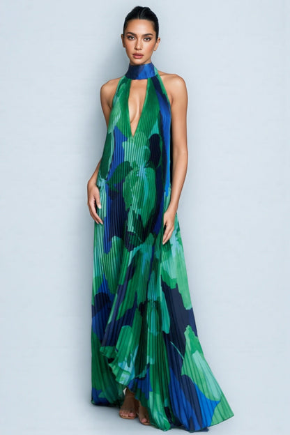 Cami Irregularly Pleated Printed Maxi Dress-green