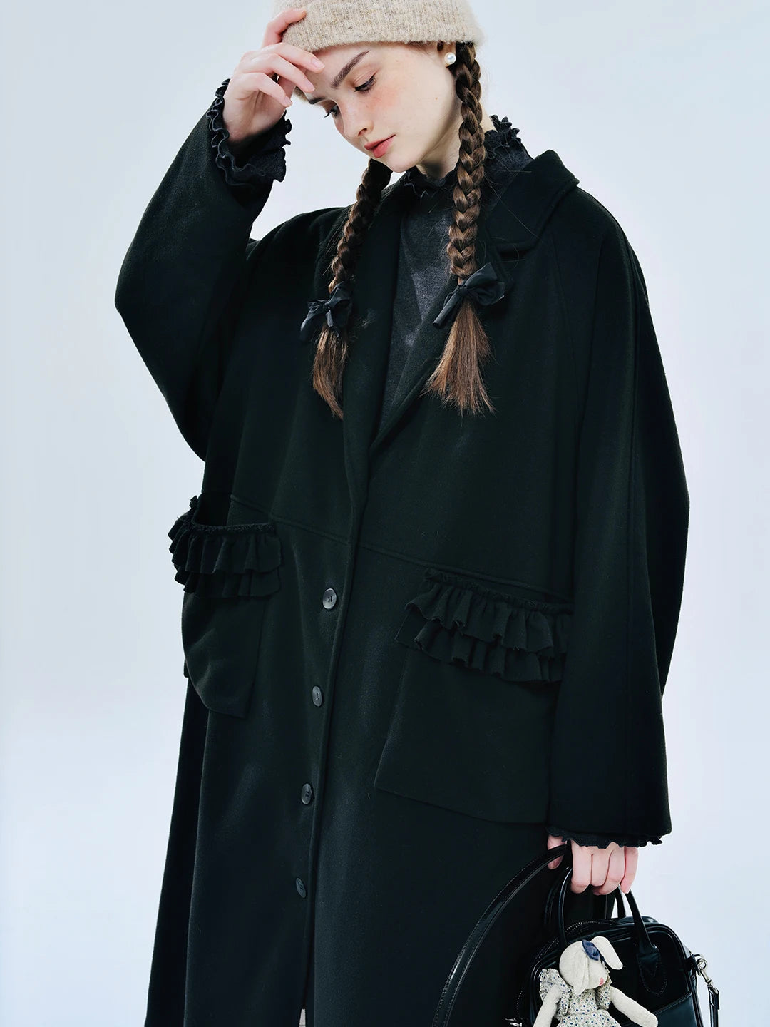Original Black Lapel Lace Patchwork Long Woolen Coat