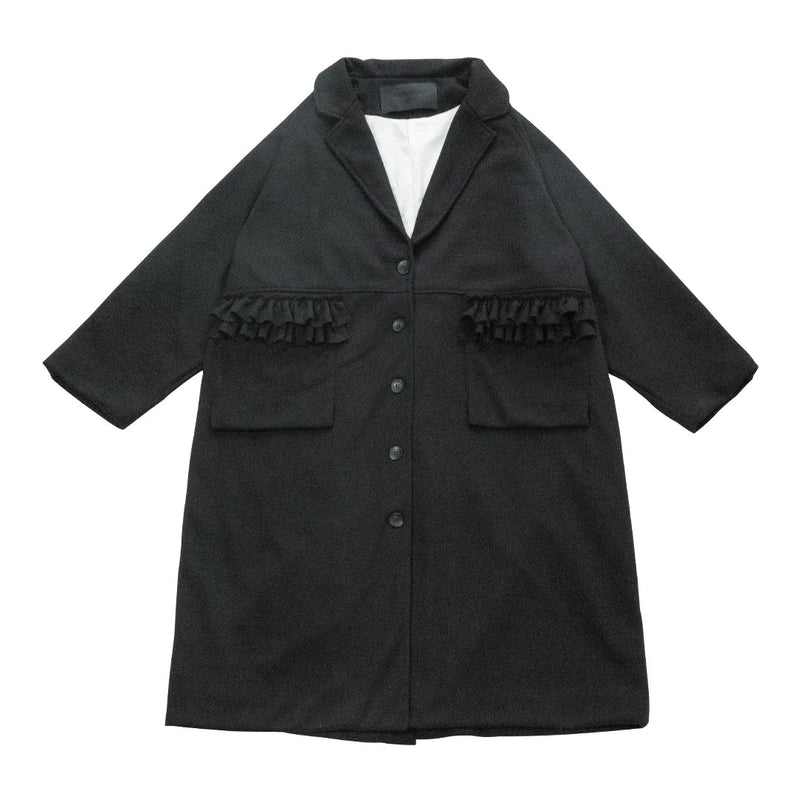 Original Black Lapel Lace Patchwork Long Woolen Coat