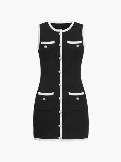 Multi Pocket Button Sleeveless Short Sweater Dress