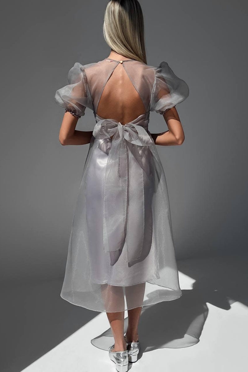 Claire Sheer Organza Puff Sleeve Midi Dress