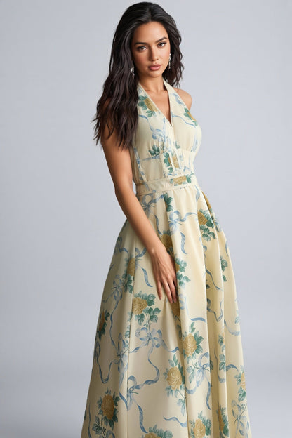 Mabel Print Deep V Neck Midi Dress