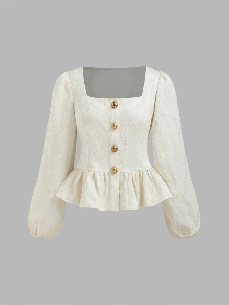 Square Neck Button Ruffle Hem Long Sleeve Blouse