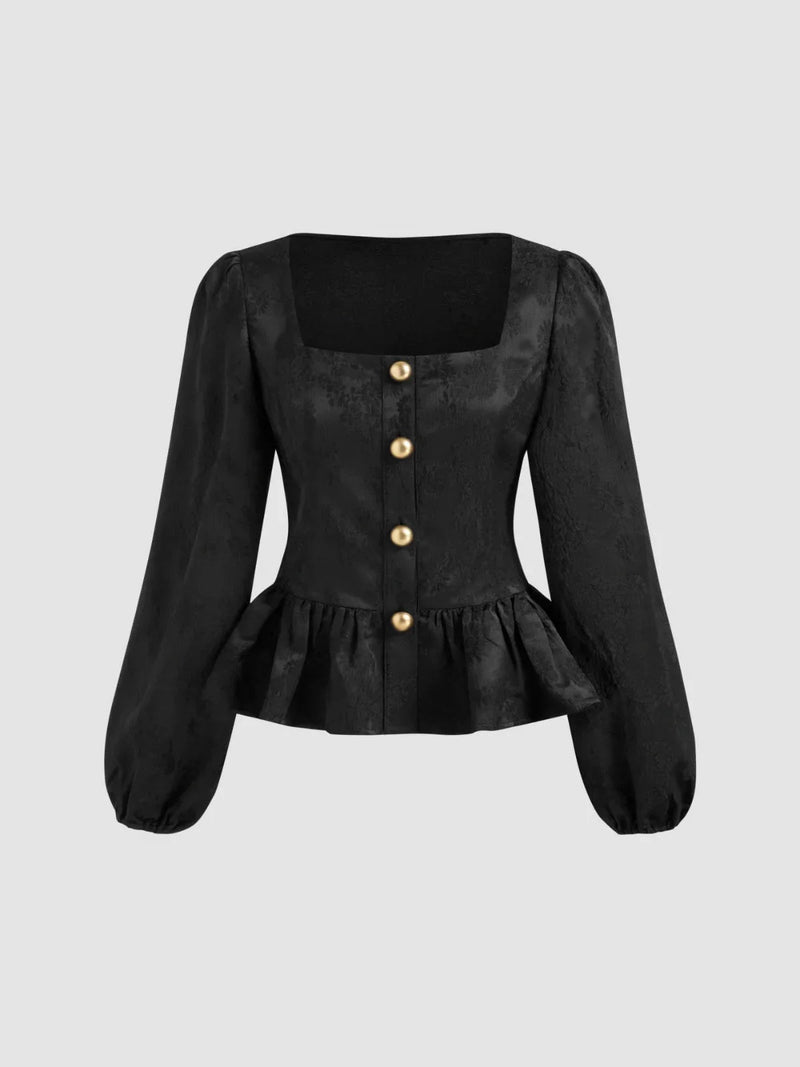 Square Neck Button Ruffle Hem Long Sleeve Blouse