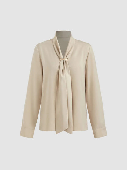 Collar Metal Hook Long Sleeve Blouse With Tie