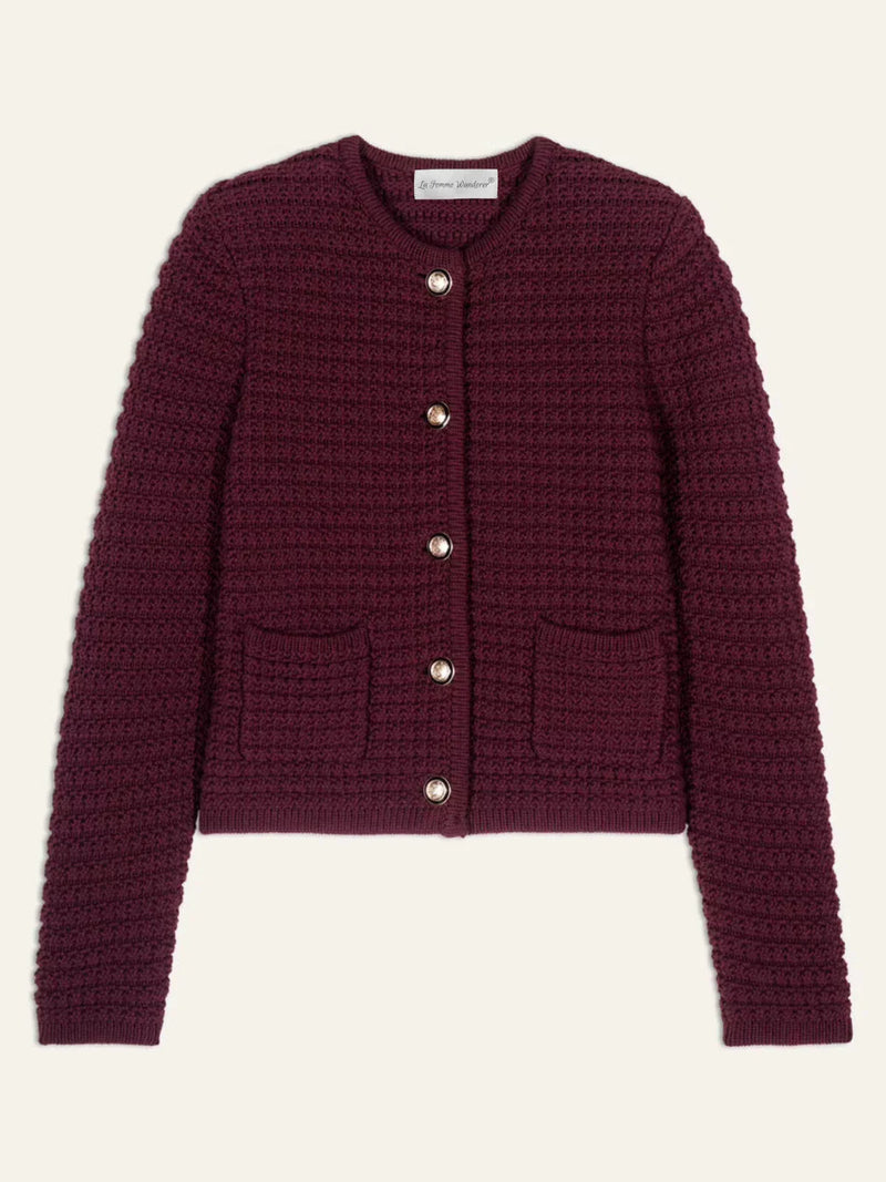 Knitted Burgundy Long-sleeved Cardigan